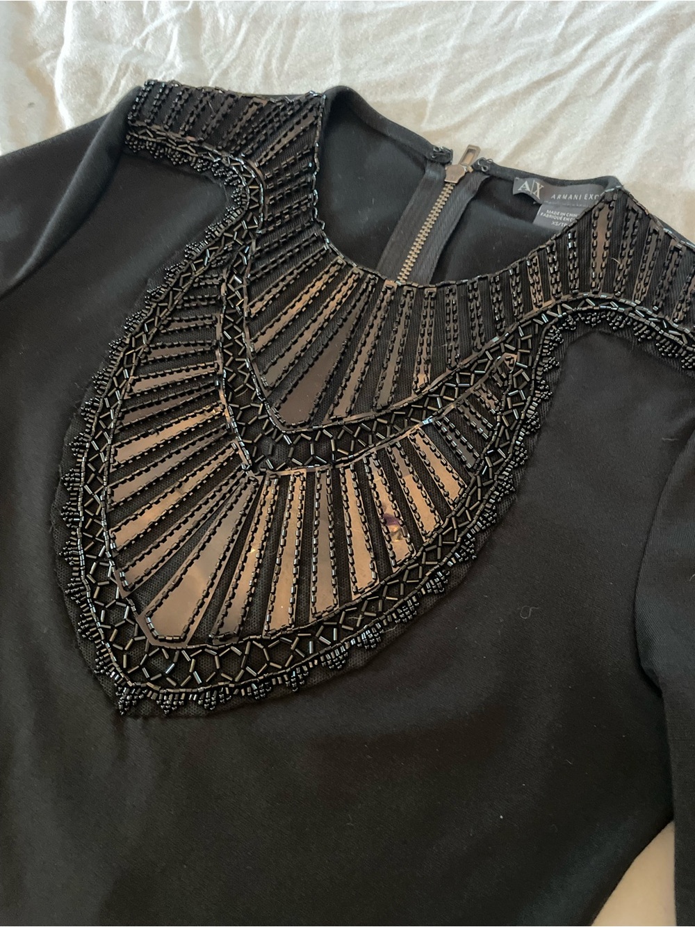 Armani Exchange Beaded Collar Black Long-Sleeve Cocktail Dress XS